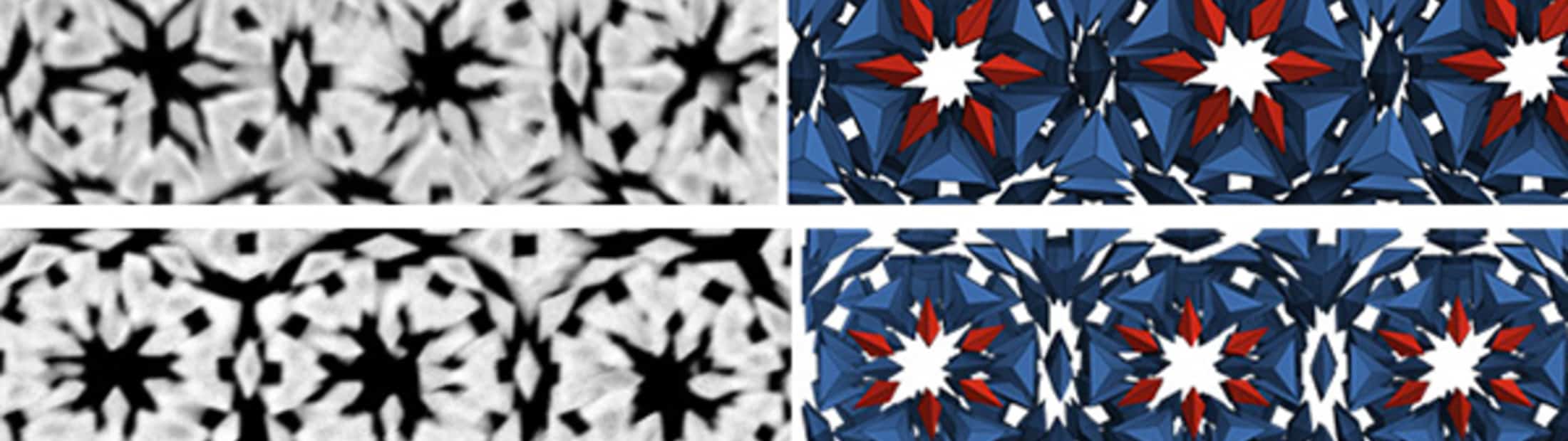 Electron microscope image next to simulated image of complex patterns in nanostructures