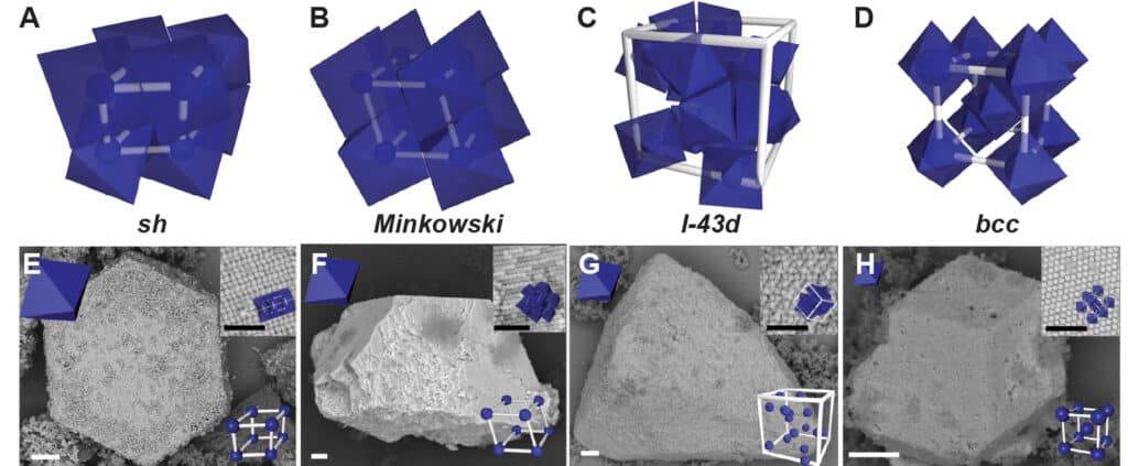 our crystal structures are shown side-by-side in two separate rows. Each row represents a unique view of the crystals. Pictures generated with computer models are in the top row, the crystals look like blue, bulky diamond squeezed together. A white box surrounds a group of the crystals to show it constitutes a repeating unit in a larger structure. The leftmost blue diamonds are closer together and aligned at their faces while the rightmost diamonds are further apart and aligned at their pointy ends. The bottom row shows microscopy images of the crystals, which look like gray, jagged stones.